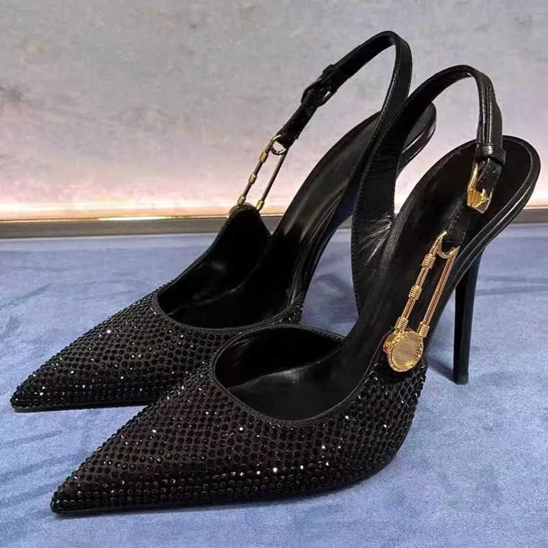 Luxury Rhinestones Sequi Buckle Wen Pumps Elegant Pointed toe Slingbacks Stiletto High h Spring Summer Fashion Shoes Z250326