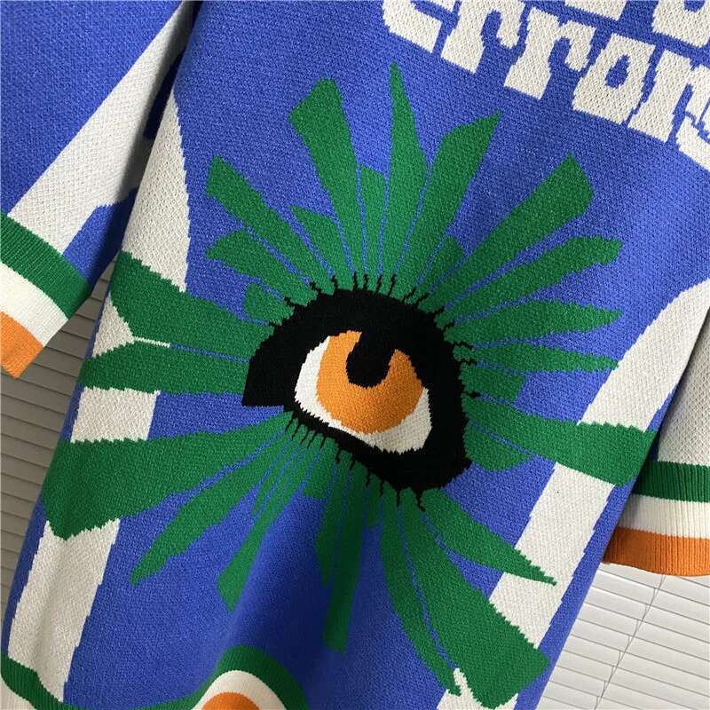 New HOUSE OF ERROR Football Suit Style Blue White Contrast Color Geometric Pattern Jacquard Polo Collar Man Short Sleeve Sweater