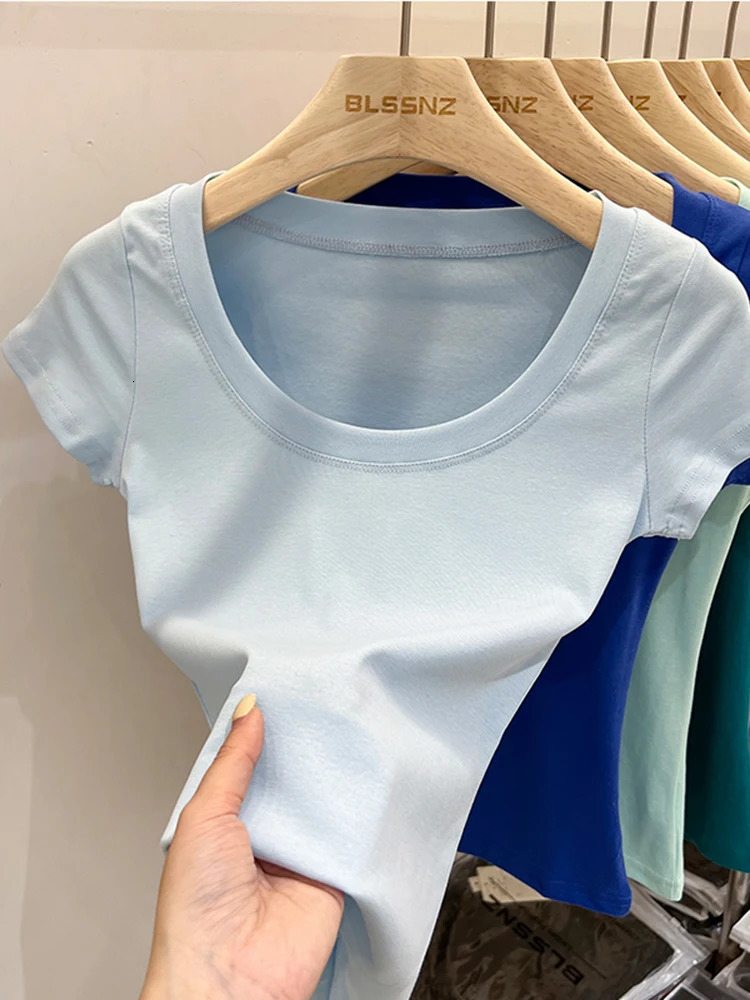 sexy square neckline ultra-thin T-shirt for womens cotton elastic basic solid womens casual top short sleeved ultra-thin T-shirt 250321