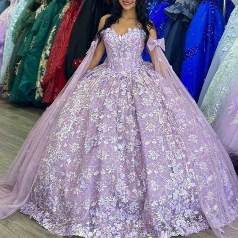 Luxury Glittering Lavender Quinceanera Dresses With Cape Sequin Applique Lace Flower Bow Beads Birthday Party Vestidos De 15 Anos Sweet 16 Dress