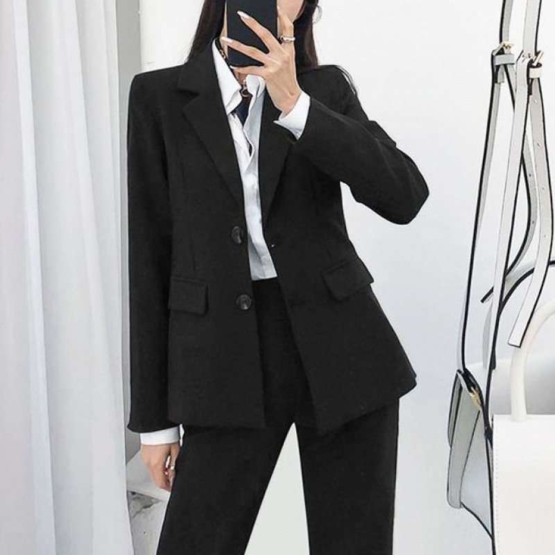 K3251Spring & Autumn Women's Black Formal Suit Jacket - Modern Korean Design Ideal for College Students