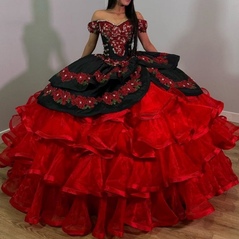 Red Off The Shoulder Quinceanera Dresses Beads Embroidery Applique Tiered Tull Ball Gown Sweet 16 Dress Princess Dress Vestido De 15 Anos