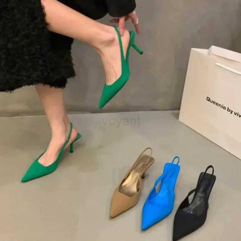 Wen Summer Shoes 2025 New Fashion Pointed Toe Stiletto Medium Heel High H Wen Back Emp Toe Sandals Green Wens Shoes Z250326