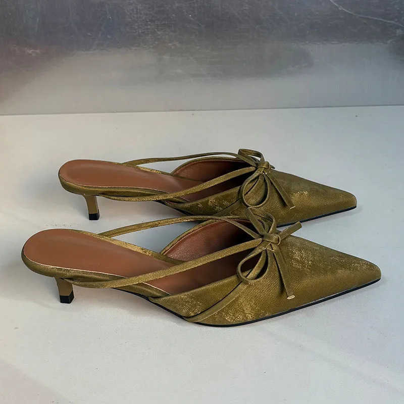 Low Heel Footwear Pumps Slides Shoes For Wen Mes Pointed Toe Ladies Heel Shoes 2025 Fashion -Knot Fem Slippers Z250326
