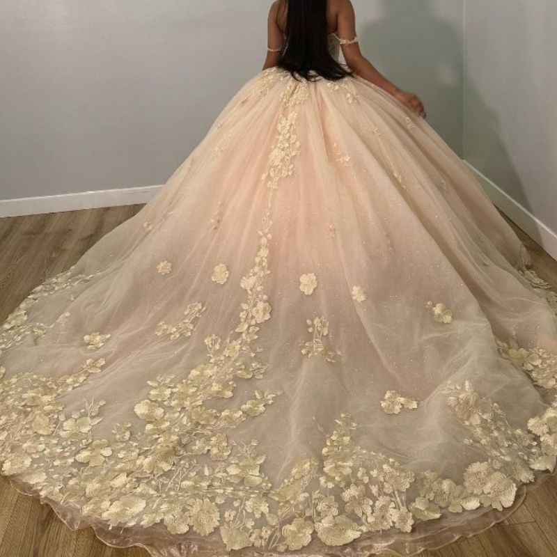 Champagne Sweetheart Princess Quinceanera Dresses Off Shoulder Appliques Lace Tull Ball Gown Sweet 16 Dresses Vestidos De 15 Anos