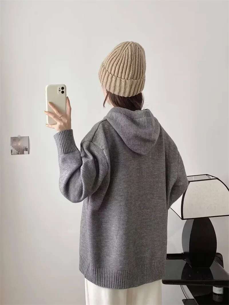 New Launch Women's Dark Ggay Knit Hoodie Unisex Style Winter Thick Pocket Tops Oversize Sweatshirts