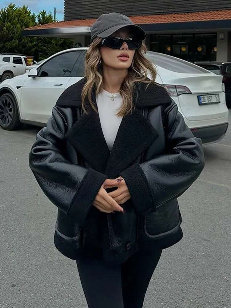 Plush Patchwork Lapel PU Leather Jackets Women Casual Loose Long Sleeved Jacket Female Autumn Winter Chic High Street Outwears