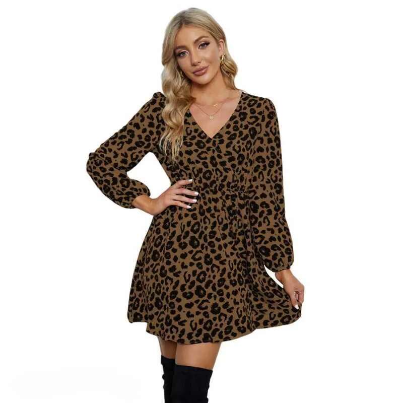Basic Casual Women Dresses Spring New Sexy V-Neck Leopard Print Long Sleeved Women's Dress Jr2274