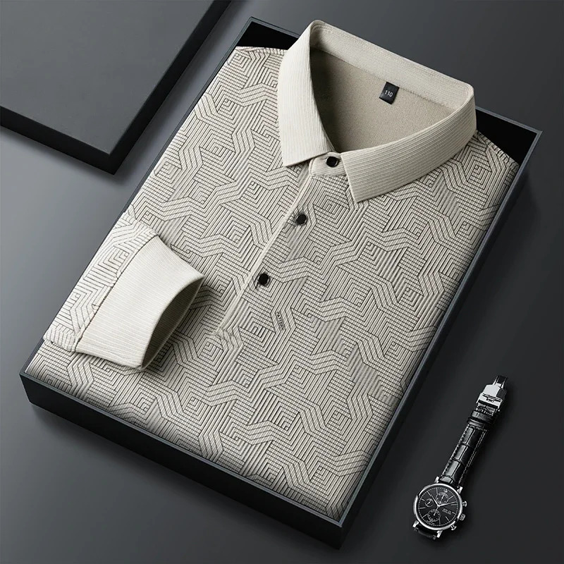 mens business casual long sleeved shirt with badge solid color polo fashionable breathable and comfortable lapel top y250326