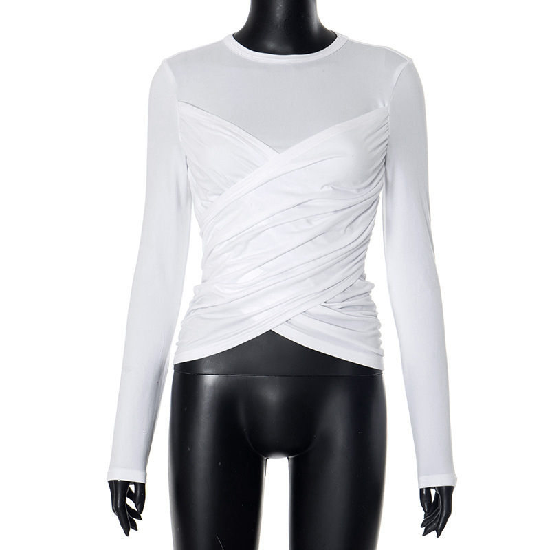 2025S Fashion Designer Q TP Women S Autumn And Winter Solid Color Round Neck Pleated Cross Short Crop Top With Exposed Navel Tight Fitting T Shirt