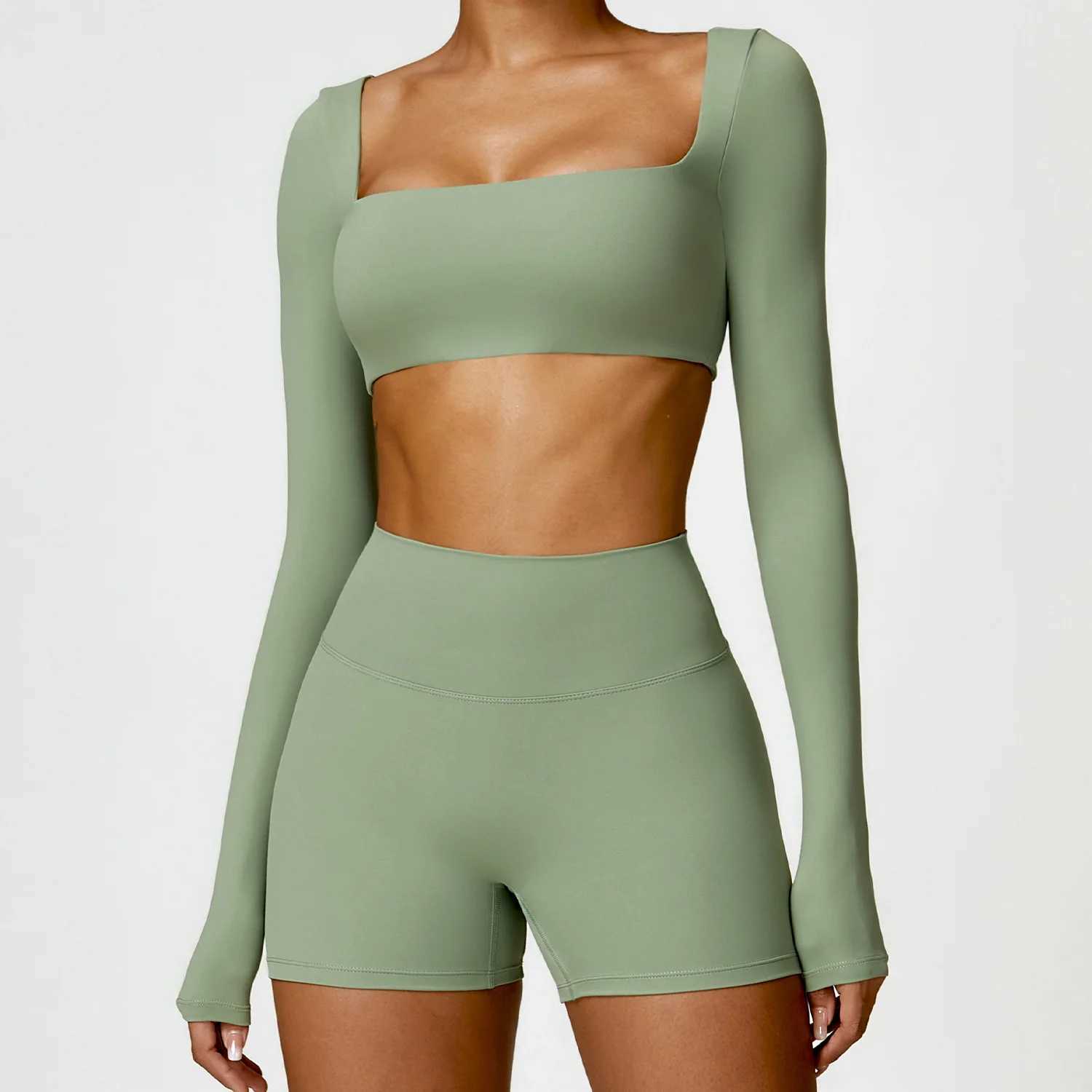 Womens quick drying breathable top seamless sexy square necklace elastic yoga long sleeved crop top gym running sportswear W250326