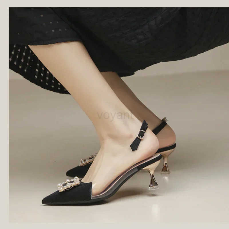 Wens Sandals 2024 Summer New Sle Fashion Shoes Black Satin Crystal Strass Poin Toe Transparent High H Z250326