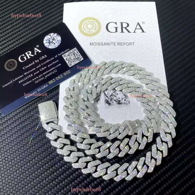 fashion Cuban chain bracelet designer necklace sterg sier GRA Certificate hip hop 15mm double row iced out moissanite chains dia cuban k with box