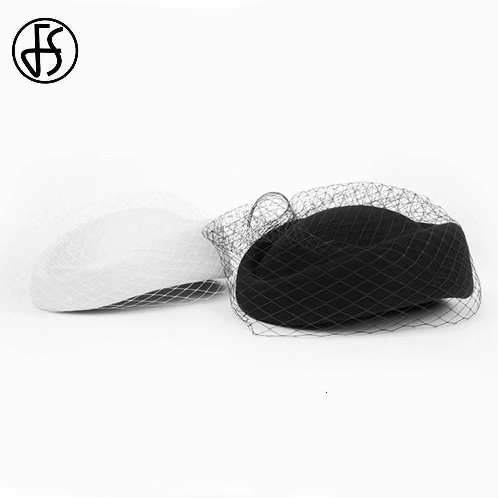 FS Aries Hairy Felt Beret British Womens Wedding Hat Church Fedoras Hat with Veil Black Womens Charm Hat 250322