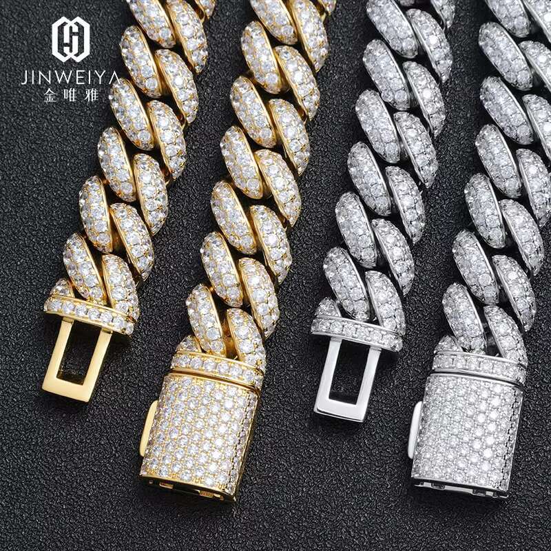 Hiphop Moissanite Jewelry High Quality Polish S925 Silver Micro Pave Two Rows 15mm Cuban Chains for Men