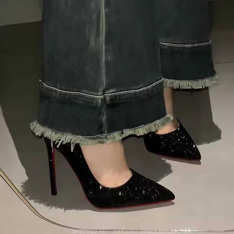 Black High-heeled Shoes Wens Fine-tipped 2024 Spring-autumn New-style Sequins Crystal Wedding Shoes Pointed-toe Sexy Shoe Z250326