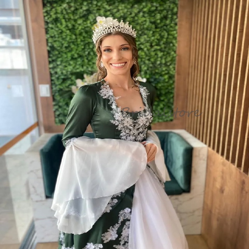 Traditional Green Moroccan Evening Dress With White Lace Elegant Muslim Middle East Prom Dress Long Sleeve Abaya Party Vestio de Gala Dubai Formal Occ