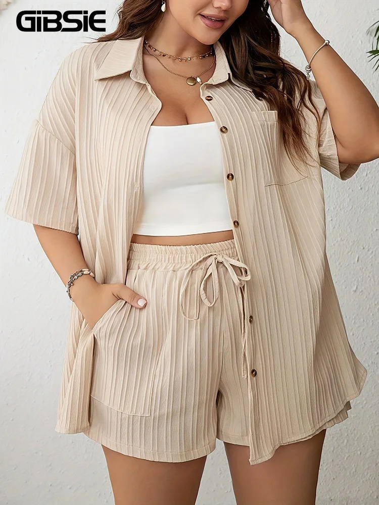 GIBSIE Plus Size Summer Two Piece Sets For Women Holiday Casual Button-up Short Sleeve Shirt with Elastic Waist Shorts 250324