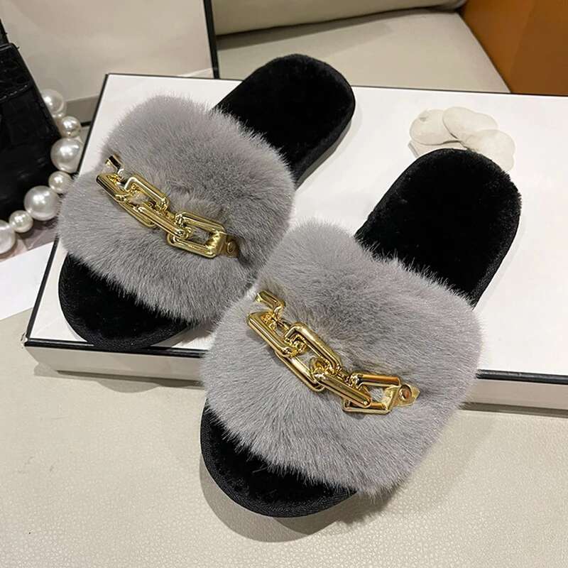 2025 New Fluffy Slippers Home Leisure Chain Designer Fashion Shoes Indoor Platform Plush Slide Girl