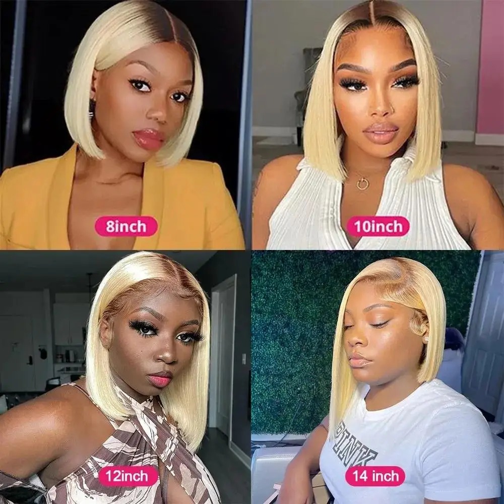 Ombre Blonde Wig Straight Short Bob HD Lace Frontal Wig 13x4 Transparent Lace Front Wig Closure Wig For Women Synthetic Wig