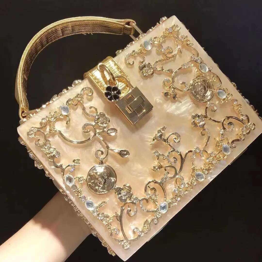 Acrylic Banquet Bag, Hollow Metal Carving With Dia Inlay, Handbag, Single Shoulder, Slng Back For Ladies