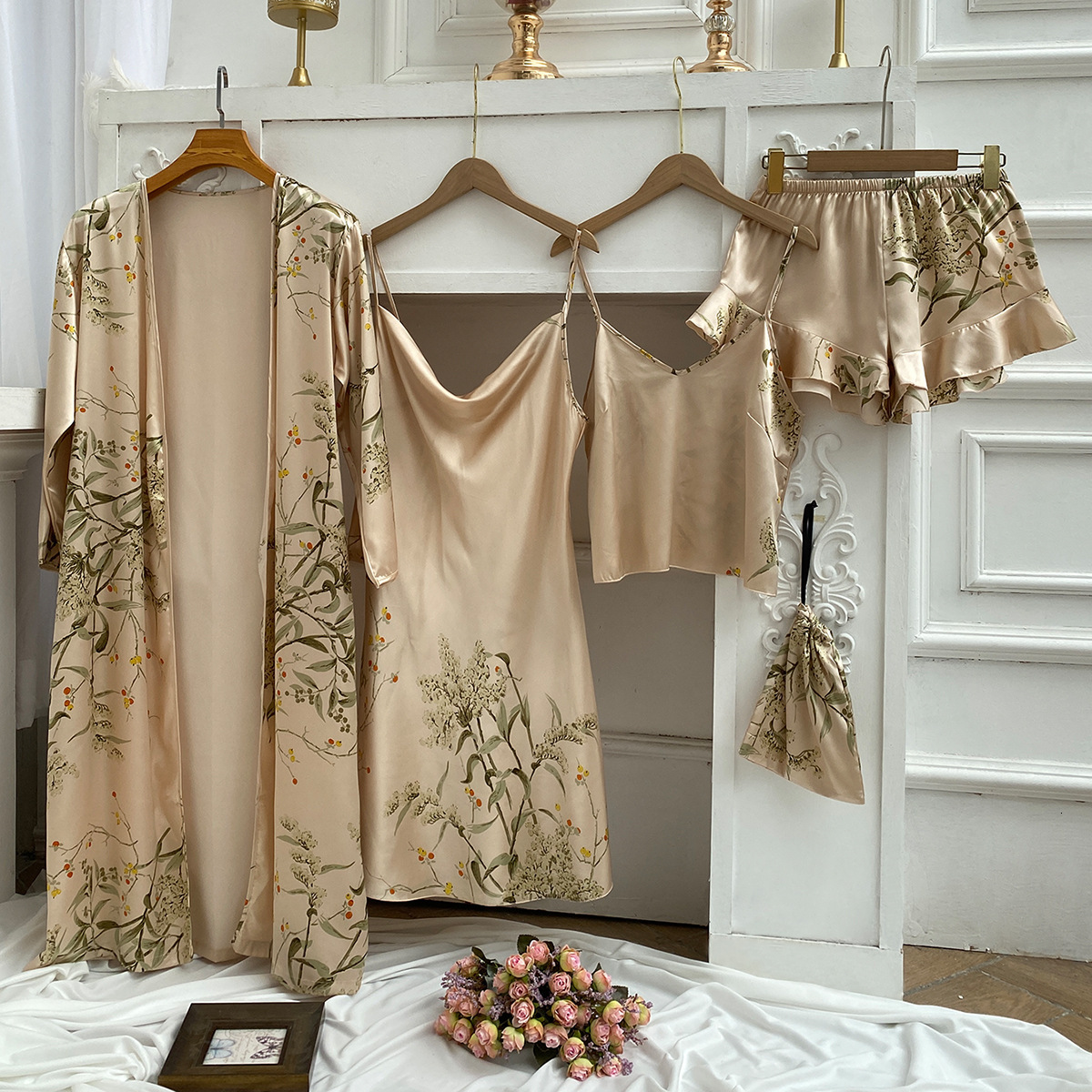 Spring and summer home wear four piece printed style pajamas women's with suspender sleeved long sexy nightgown set