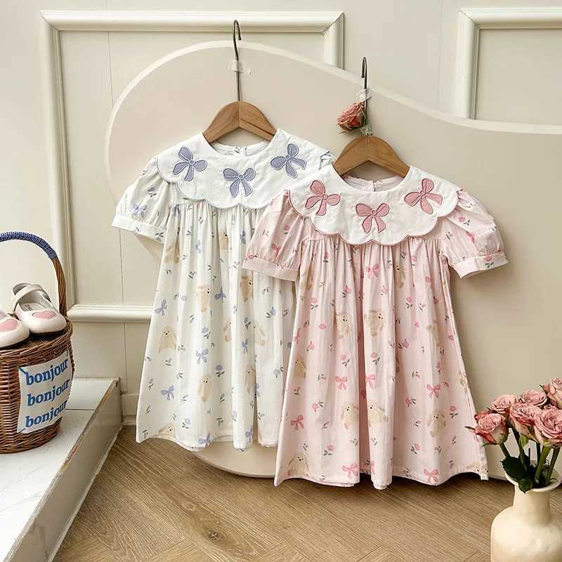 Girls dress childrens clothing bow embroidery flower collar girls dress summer printed short sleeved princess dress W250326