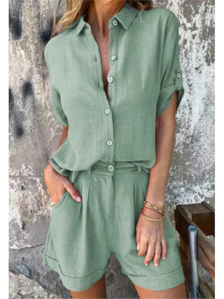 Women Casual Solid Set Fashion Short Sleeve Button Shirt Tops And Shorts Two Piece Sets Lady Summer Sports Womens Clothing 250320