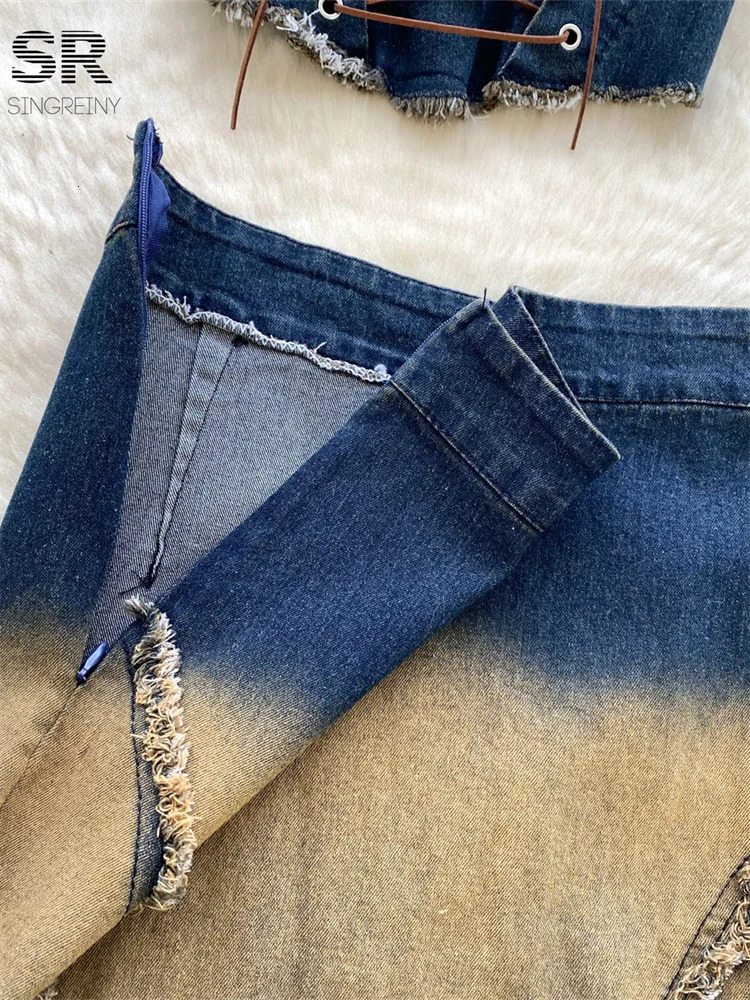 Singreiny Gradient 2piece set for women with lace up camisole top and split zipper skirt womens fashionable highquality sexy denim 250318