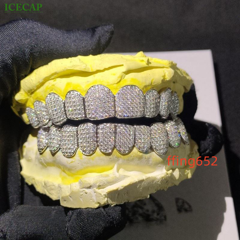Custom Grillz 925 Silver Teeth Grillz Silver Diamond Hip Hop Moissanite Grillz Deep Cut Honeycomb Diamond Grllz