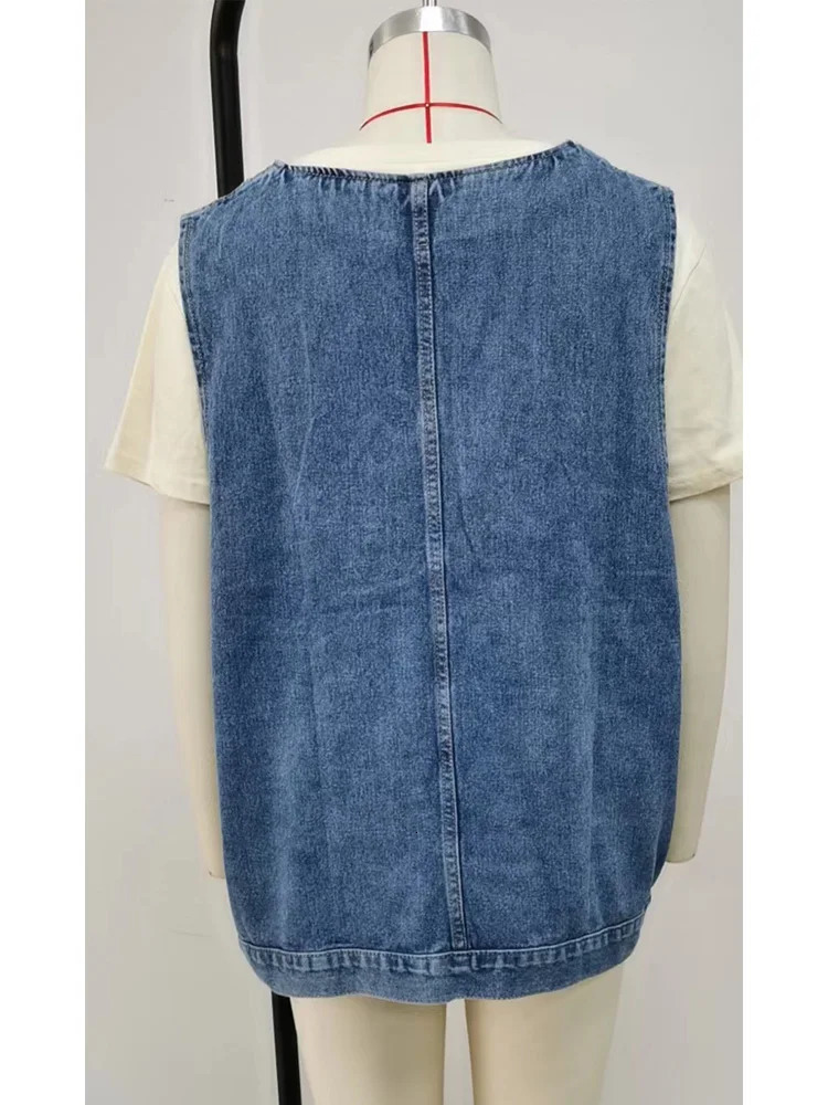Benuynfy vintage big V-neck denim vest for womens spring and summer washing casual pocket sleeveless denim jacket for womens loose jacket 250320