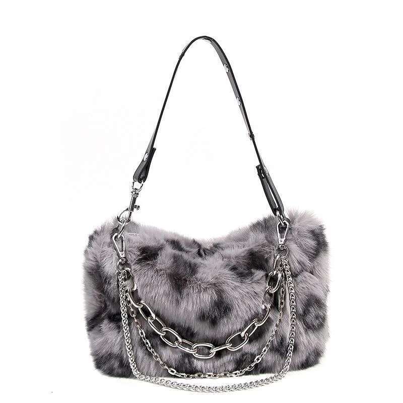 New Faux Fur Shoulder Bag Women's Autumn Winter Chain Handbags Ladies Leopard Print Clutch Purses Fluffy Top Handle Bags