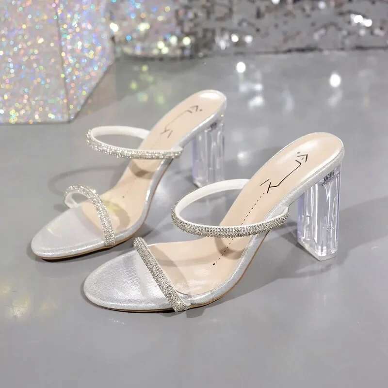 Women's 2024 Summer New Fashion Open Toed Rhie High Slippers Female Transparent Heel Shoes For Women Atos