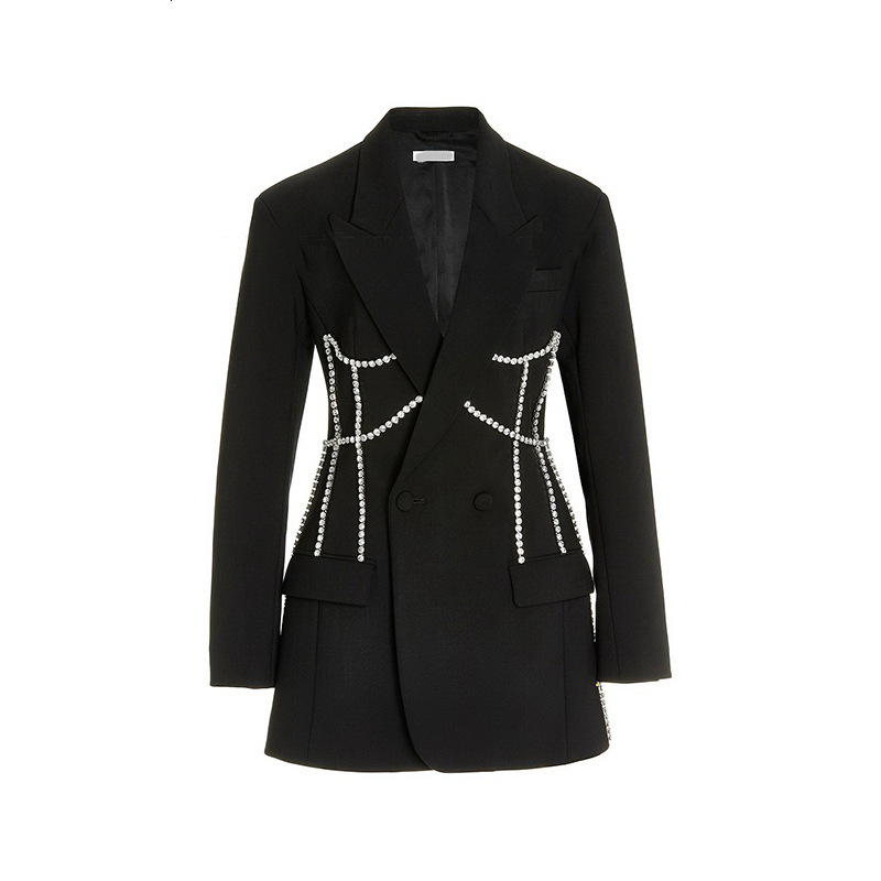 Autumn light luxury rhinestone decorated jacket for women, mid to long style, fashionable waist cinched small suit skirt 98192024