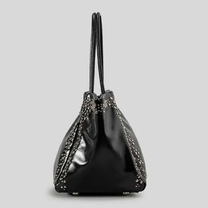 Fashion Retro Bucket Rivets Studs Tote Women Box Handbag Casual Shoulder Fold Bag Shopping Crossbody Female Purse