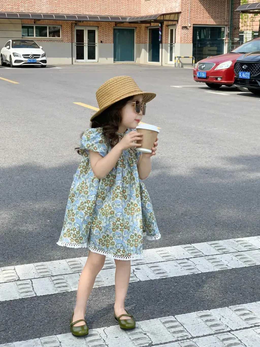 2025 Summer Children Girls Dress Blue Floral Printed Princess Baby Girls Dress Casual Loose Short Puff Sleeve Toddler Girl Dress W250326