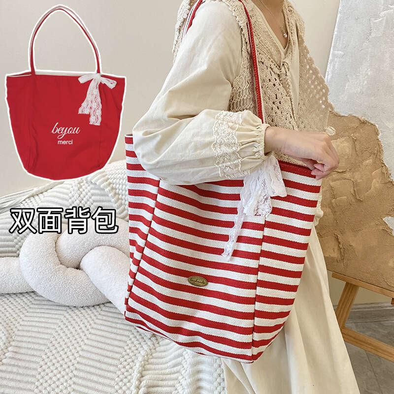 Striped canvas 2024 new Korean style ins casual single shoulder large capacity tote shopping bag
