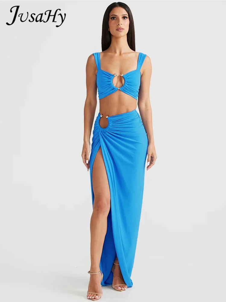 JusaHy Womens Skirt Suit Patchwork Lace-up Halter Hollow Two Pieces Sets Short Tank Straight Dress Beach Holiday High Street 250324