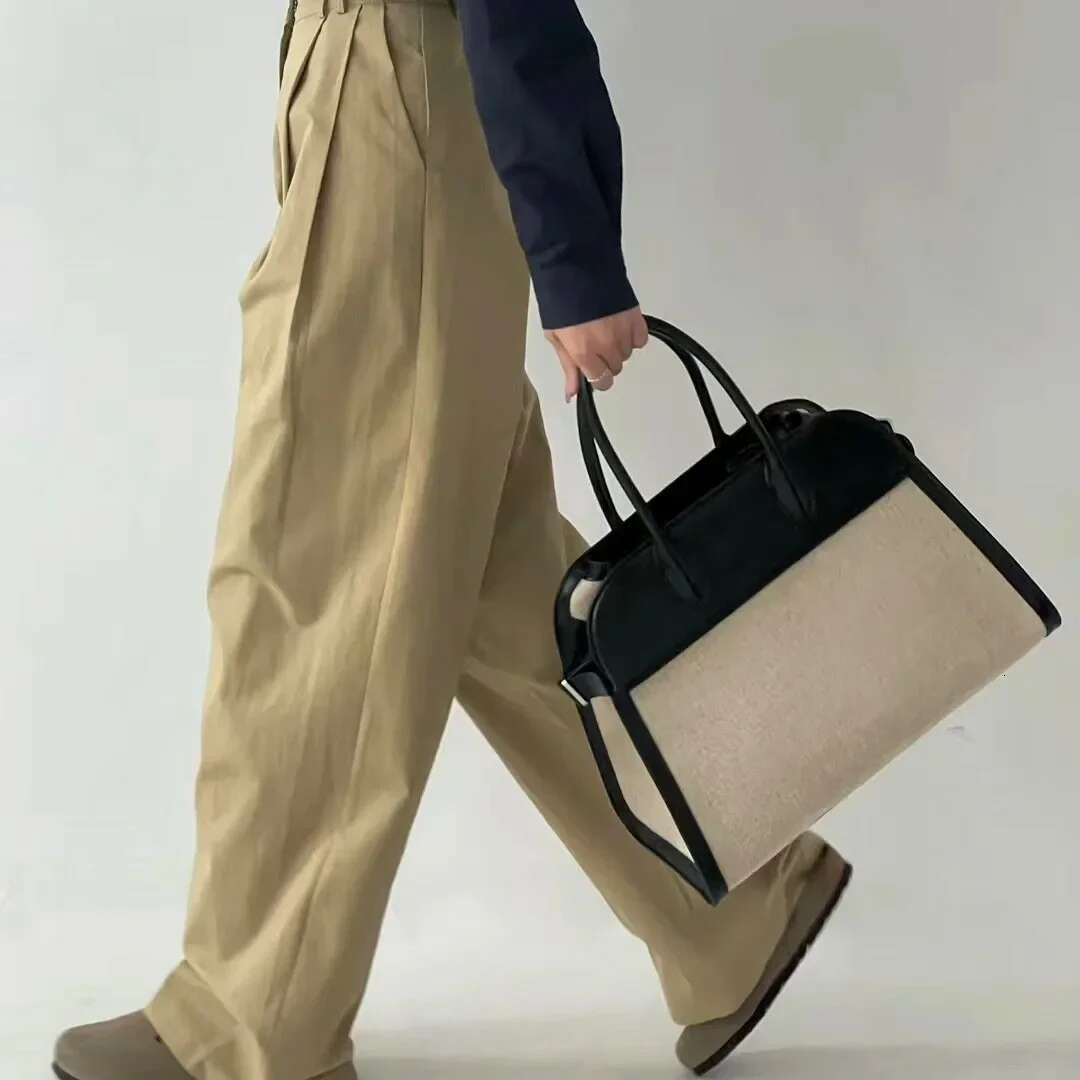 Leather Tote Bag Cowhide On Canvas Sense Odvanced Large Capacity Commuter Handbag