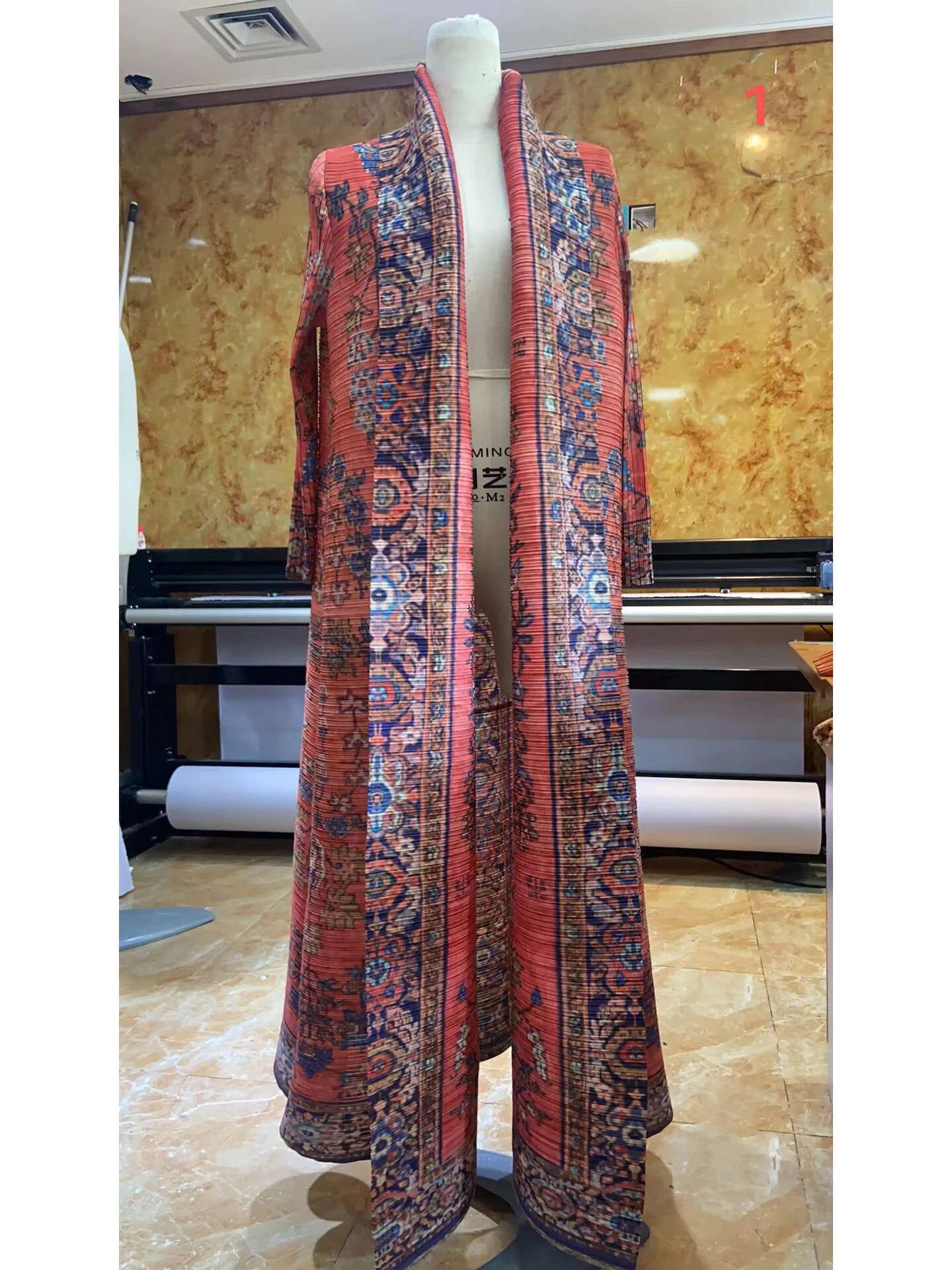 Miyake Pleated Vintage Printed Turn-Down Collar Sleeve Long Jacket Women Designer Abaya New Dubai Fashion Plus Size Coats