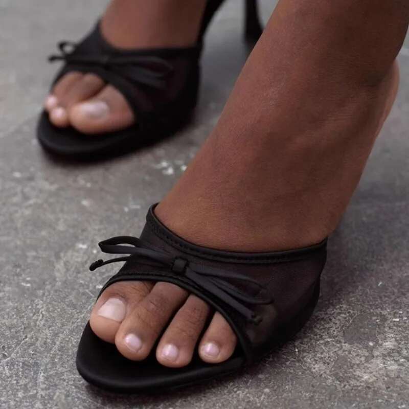 2025 summer new backless breathable designer fashion slippers, mesh fabric bow decoration high heels, women's sandals