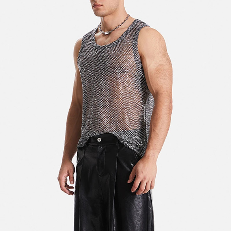 Nightclub Sexy Mens Tank Tops Mesh Sequin Glitter Hollow Out Transparent Vest Men Summer Fashionable Sleeveless Mesh Camisoles250324
