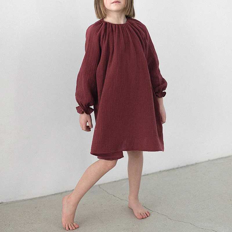 New cotton red checkered dress for spring 2024 suitable for girls cute double Gaussian long sleeved evening gown womens loose dress W250326