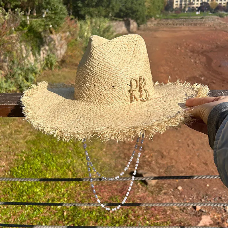 2025 Summer Raffia Straw Hat Beach Womens Seaside Panama Sun Hat Vacation Chain Pearl Flat Top Big Brim Straw Hat Handmade Caps 250325