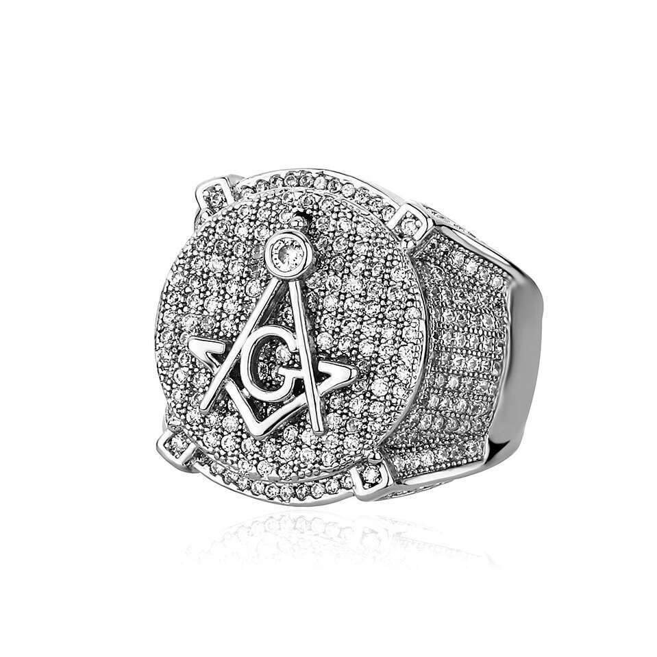 Jin'ao Jewelry AG Freemason Letter Ring, Genuine Gold Plated with Zircon, Personalized Hip Hop Male Ring