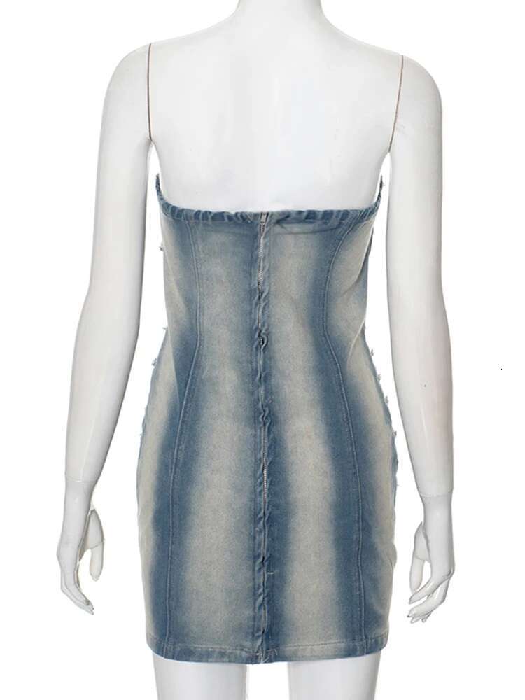 kliou Denim Patchwork Women Mini Dress Classic Pleated Hollow Wrapped Chest Sleeveless Skinny Vestidos y Unique Frock