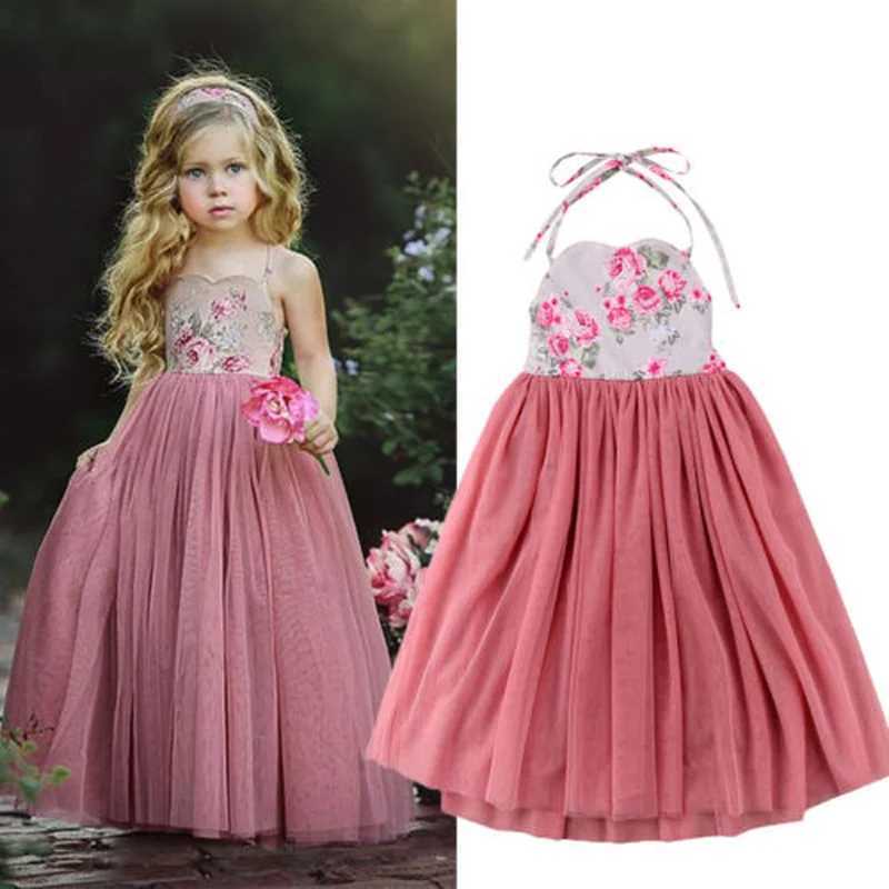 2019 New Princess Dress Childrens Pink Lace Flower Strap Dress Maxi Long Princess Par Childrens Summer Ball Dress W250326