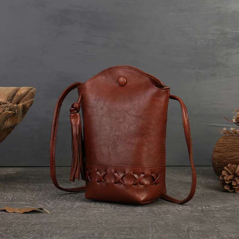 MOTAORA New Small Cowhide Women Shoulder Casual Tassel Bucket Handbag Mini Genuine Leather Mobile Phone Crossbody Bag Purse