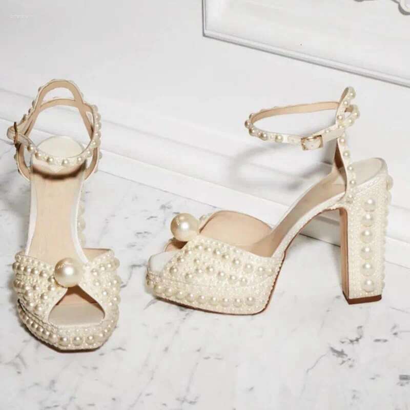 Pearl High heels Platform Women Shoes Wedding Dress shoes Designer Sandals Handmade Beaded Thick Heel Peep Toe Girls aeca