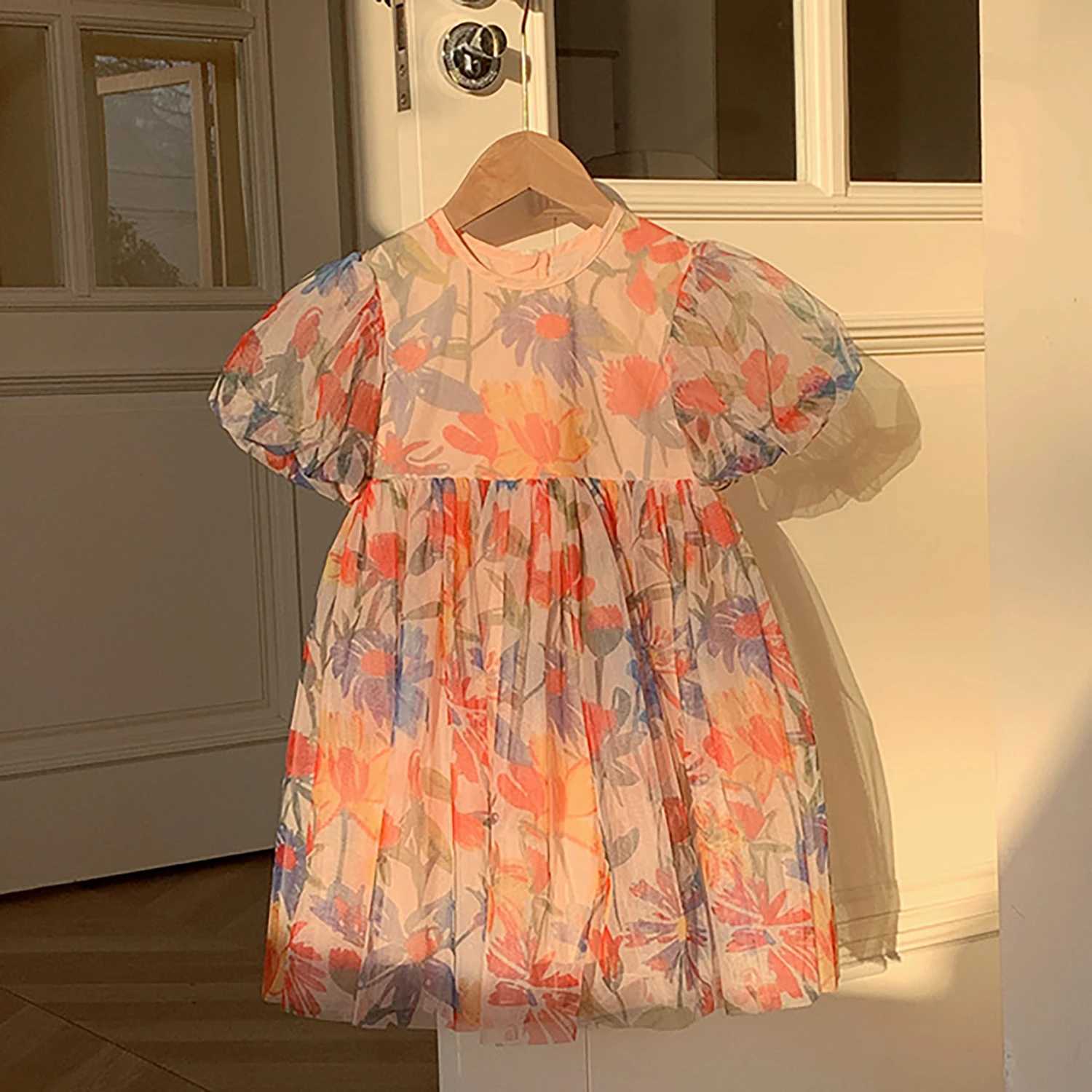 Summer 2025 childrens clothing puff sleeves girls printed dresses mesh childrens dresses W250326